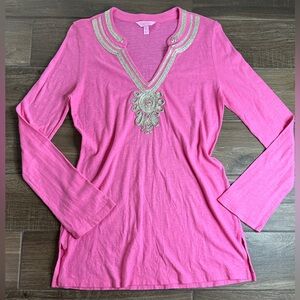 Lilly Pulitzer Emerson Hotty Pink Tunic Top Gold Applique Trim Size Medium